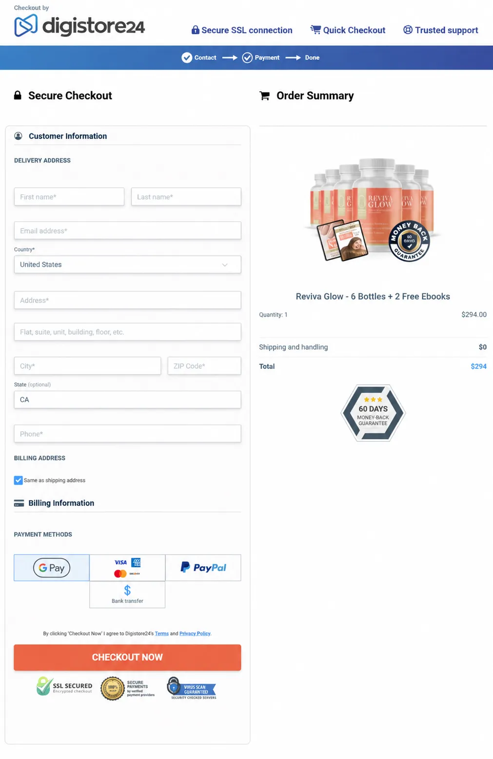 RevivaGlow checkout page